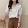 2025夏季法式气质拼接白色全棉蕾丝刺绣花边V领短袖上衣！ 商品缩略图5