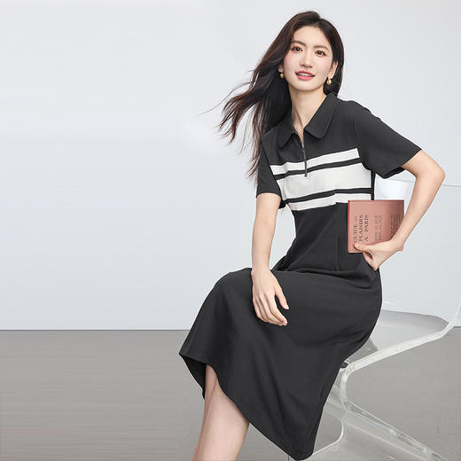 【专属特价】熙世界美式学院风休闲撞色条纹POLO领连衣裙女短袖2025夏日新款 商品图3