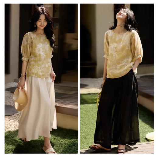 茉香花风浅剪纸印花灯笼袖雪纺上衣 商品图3