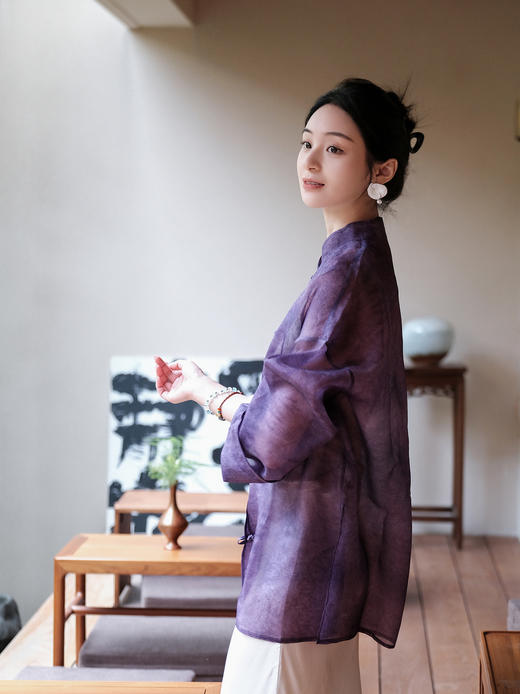 盛唐牡丹 |炒色真丝欧根缎对襟外套-紫色(售完不补) 商品图1