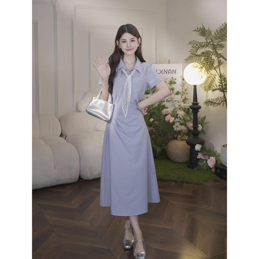 鹿向南「白棠雾黎」法式气质polo领紫色连衣裙女夏季收腰衬衫裙子 商品图1