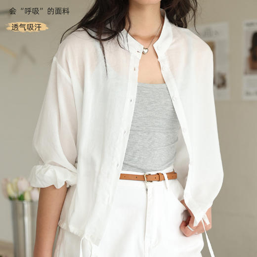【2026夏季】天丝亚麻・立领衬衫 轻薄透气宽松纽扣开衫 袖口和下摆抽褶 微落肩抽绳莱赛尔上衣外套外搭空调衫女 商品图2