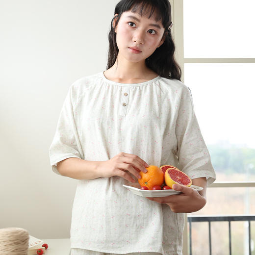 【2026夏季】纯棉纱・印花家居服 圆领亲肤透气短袖短裤套装 纽扣宽松休闲外穿睡衣 商品图3