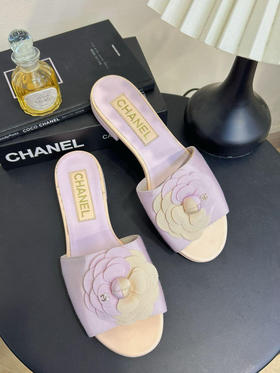 正品二手 Chanel 37码 粉色拼奶茶色 山茶花 拖鞋