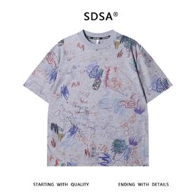 夏季高级感新款韩系潮牌涂鸦印花圆领短袖T恤时尚百搭宽松上衣