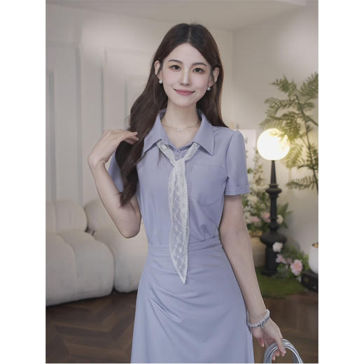 鹿向南「白棠雾黎」法式气质polo领紫色连衣裙女夏季收腰衬衫裙子 商品图2