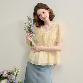 【限时秒杀】【天丝】温柔缩褶波纹肌理感衬衫女娃娃款V领衬衣V0051042