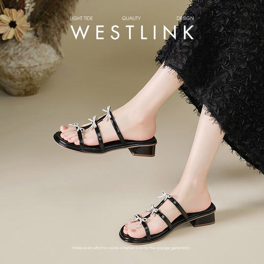 西遇外穿绝美凉拖鞋女夏新款法式水钻蝴蝶结银色中跟粗跟凉鞋V1156795 商品图2