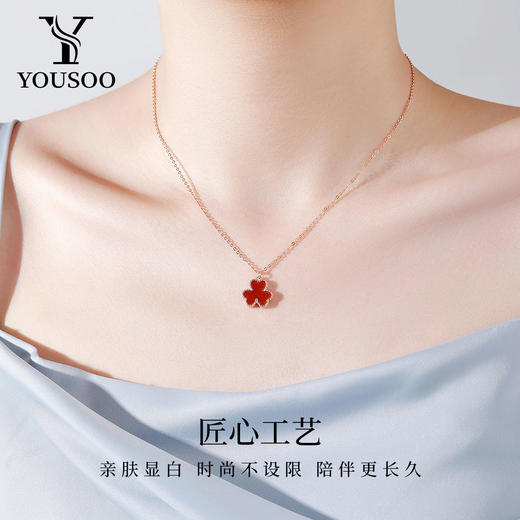 【透润红玛瑙 精雕细磨 爱意浓浓】s925红玛瑙三叶草项链手链套装 商品图5