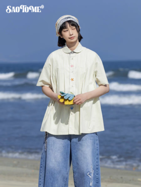 早乙女惠子saotome/STMCS252105/刺绣打褶青果领条纹衬衫