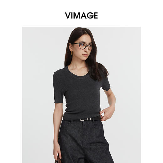 VIMAGE纬漫纪简约灰色圆领修身针织短袖T恤上衣2025夏季新款V2301928 商品图2