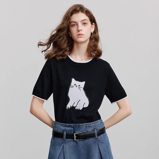 初语撞色编织猫咪提花短袖针织衫女2025夏新款冰爽丝可露丽风上衣 商品图2