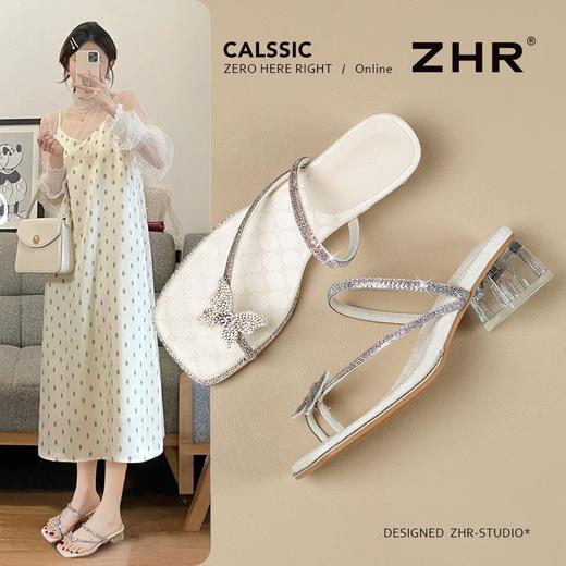 ZHR水钻拖鞋女2025新款夏季时尚夹趾拖鞋外穿洋气蝴蝶结粗跟女鞋 商品图1