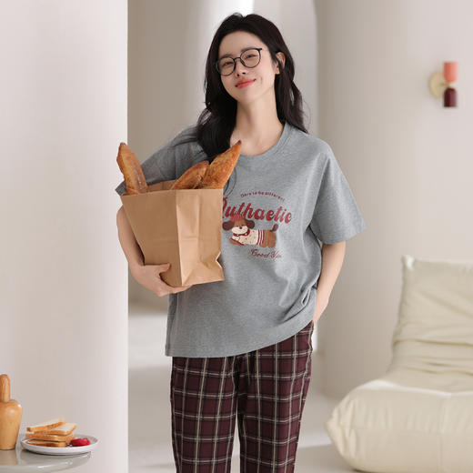 芬腾睡衣女款夏季短袖长裤薄款休闲可爱圆领套头可外穿家居服套装 商品图2