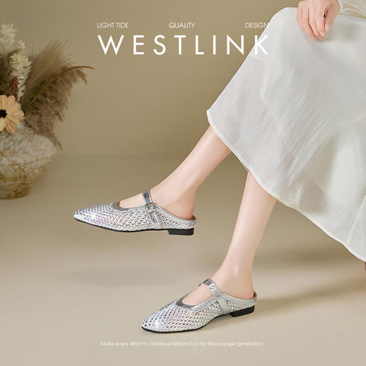 西遇网面包头半拖鞋女外穿新款夏季水钻一脚蹬单鞋平底穆勒鞋V1256863 商品图3