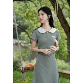 鹿向南「miu系学姐」气质显瘦娃娃领灰色短袖连衣裙女夏A字长裙