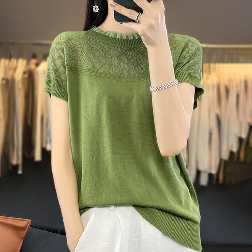 丁摩 夏季薄款镂空针织衫女新款天丝短袖T恤欧根纱木耳边小衫5ZF-NS-2399 商品图3