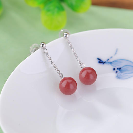 【落霞】S925纯银朱砂帝王砂亮银圆珠耳饰【CW-ED03773】 商品图1