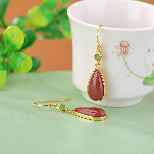 【双喜之年】S925纯银和田玉碧玉南红玛瑙水滴双喜耳饰【CW-EG02222】 商品图2