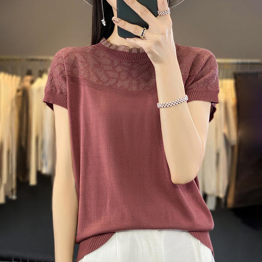 丁摩 夏季薄款镂空针织衫女新款天丝短袖T恤欧根纱木耳边小衫5ZF-NS-2399 商品图7