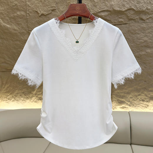 丁摩 法式气质蕾丝花边v领正肩短袖t恤女夏季新款显瘦上衣5ZF-M707 商品图1