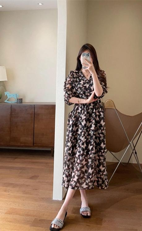 法式优雅蝴蝶印花V领乔其纱雪纺裙长款收腰显瘦连衣裙 商品图7