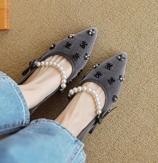 小香名媛真丝金丝绒珍珠尖头方跟鞋凉鞋 商品图12