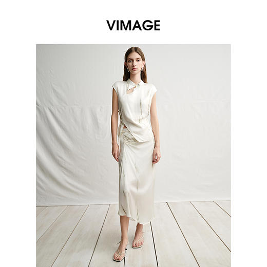 VIMAGE纬漫纪新中式温婉短袖浅绿竹韵印花衬衣女上衣2025夏季新款V2313937 商品图0