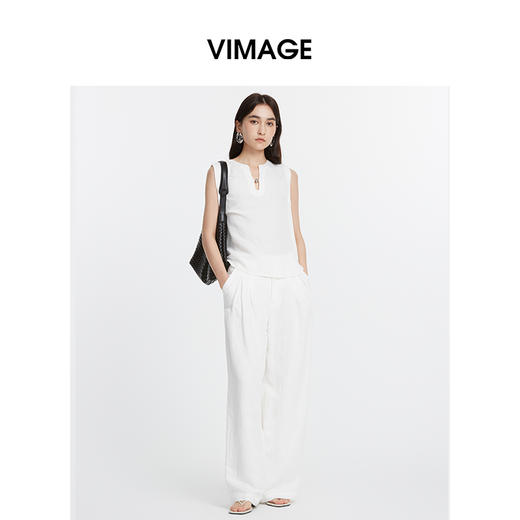 VIMAGE纬漫纪设计师款亚麻气质简约背心小U型领廓形上衣2025夏季新款V2313928 商品图3