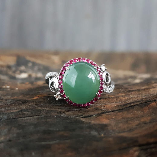 【天然正品】A货翡翠AU750白金镶钻镶天然冰种湖水蓝蛋面翡翠戒指17号（戒圈可改）女士220425NJM29 商品图4