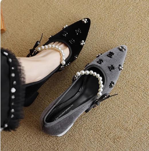 小香名媛真丝金丝绒珍珠尖头方跟鞋凉鞋 商品图9