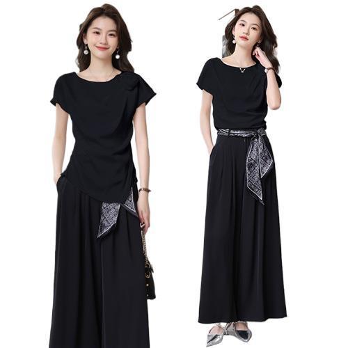 WZNHHBLJRA1157 2025年夏季时尚气质优雅配花不规则剪裁减龄阔腿裤两件套其他涤纶 商品图4