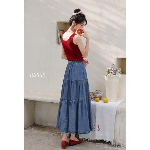 鹿向南「花都笺言」蓝色牛仔半身裙女夏新款拼接高腰显瘦a字长裙 商品图3