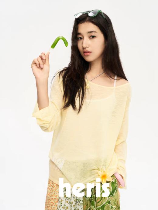 heris/H52101/古董蕾丝印花 凉感天丝微透针织 系带露背防晒长袖罩衫 商品图0