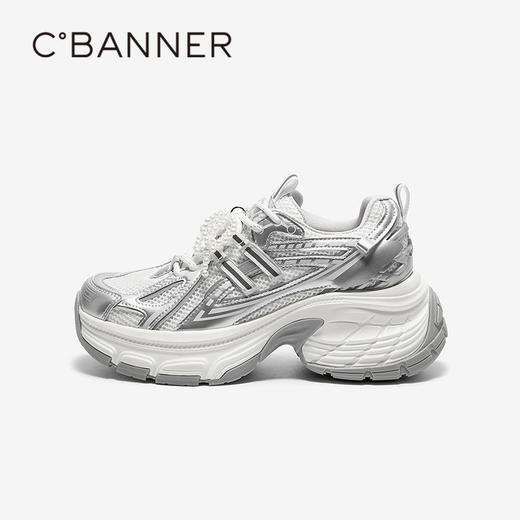 千百度银色珍珠厚底老爹鞋女网面透气增高运动休闲鞋A25308622 商品图2