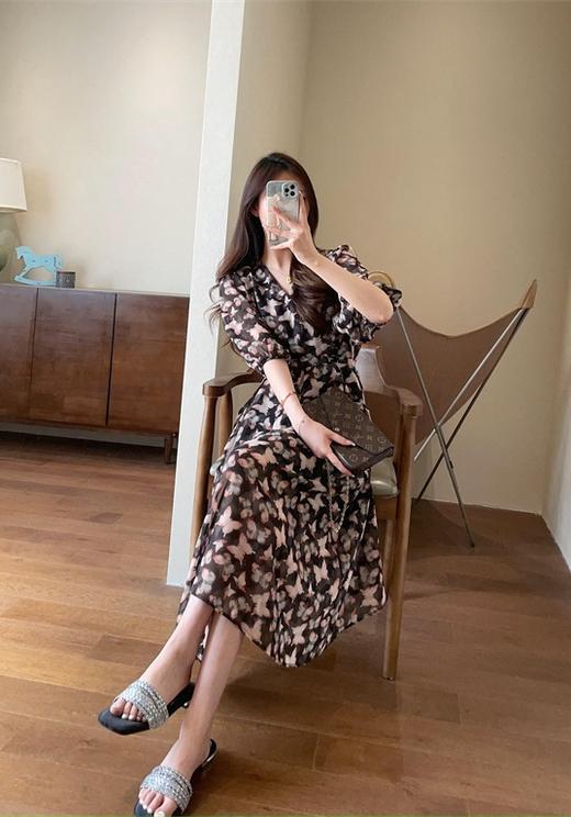 法式优雅蝴蝶印花V领乔其纱雪纺裙长款收腰显瘦连衣裙 商品图2