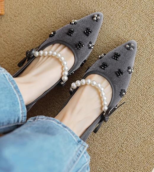 小香名媛真丝金丝绒珍珠尖头方跟鞋凉鞋 商品图6