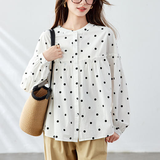 丁摩 波点圆领衬衫女长袖夏季宽松休闲上衣木耳边纯棉衬衣5ZF-52180 商品图2