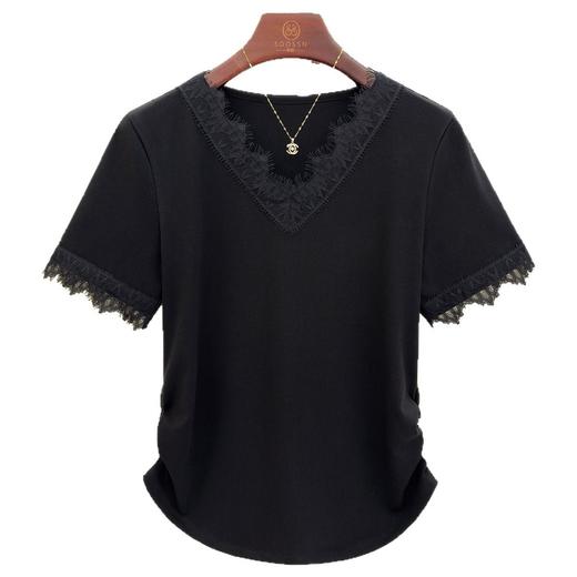 丁摩 法式气质蕾丝花边v领正肩短袖t恤女夏季新款显瘦上衣5ZF-M707 商品图4