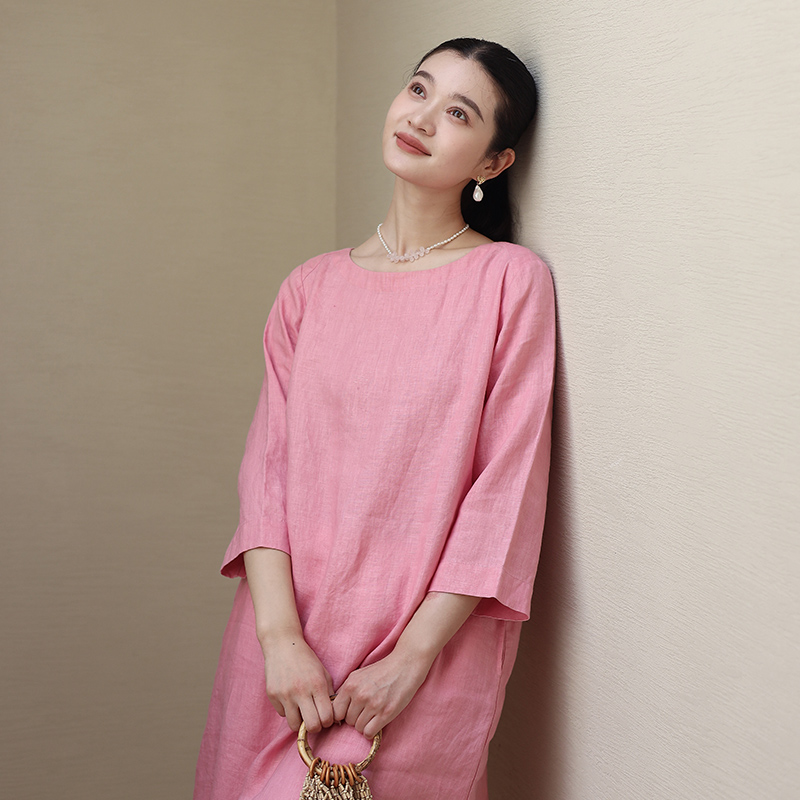 新绽放D284朵自然文艺纯亚麻连衣裙出游宽松大码长款叠穿棉麻裙