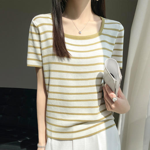 丁摩 冰丝圆领条纹针织短袖女士休闲宽松拼色T恤夏百搭套头打底上衣薄5ZF-  FA-236 商品图2