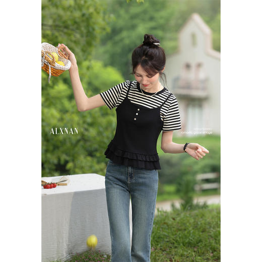 【65折秒杀】鹿向南「芙拉小姐」法式气质黑色修身显瘦假两件T恤短袖女夏上衣 商品图4