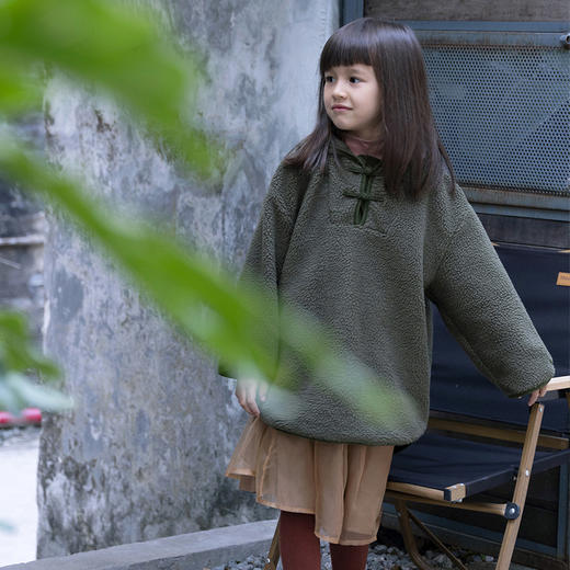 三茉童装/M195/墨绿色女童连帽卫衣新款秋冬男童中式摇粒绒外套 商品图4