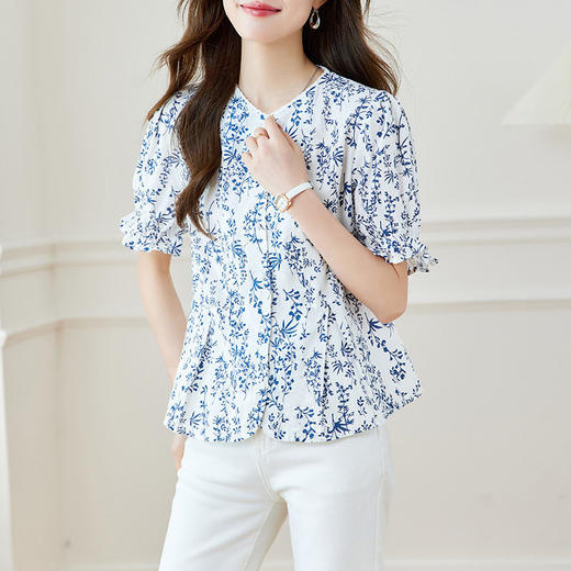 新中式印花衬衫青花瓷短袖上衣女夏季薄款纯棉别致衬衣女    MJ-44085 商品图2