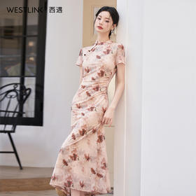 【限时秒杀】新中式国风旗袍领连衣裙女新款精致印花A摆针织裙V0050531