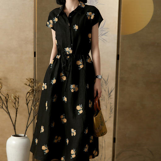 丁摩 全真丝绣球花刺绣 香云纱连衣裙LZ4447 商品图5