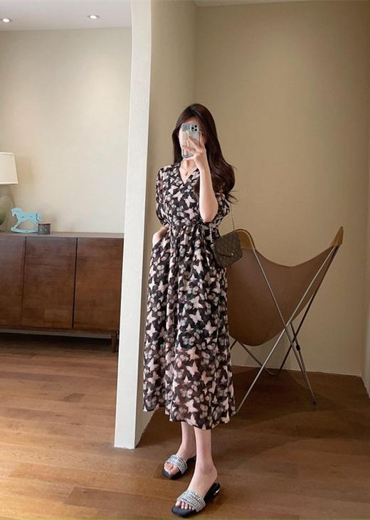 法式优雅蝴蝶印花V领乔其纱雪纺裙长款收腰显瘦连衣裙 商品图1