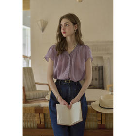 SimpleRetro 100%苎麻 v领定染紫色慵懒衬衫