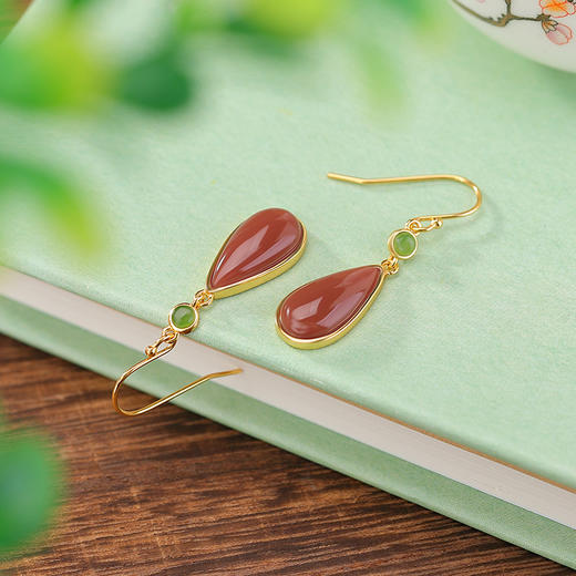 【双喜之年】S925纯银和田玉碧玉南红玛瑙水滴双喜耳饰【CW-EG02222】 商品图1