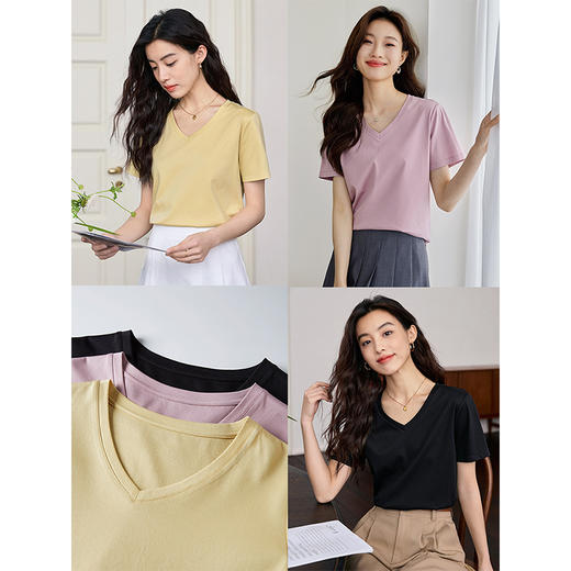【专属特价】熙世界桑蚕丝短袖T恤女2025年夏季新款纯色百搭圆领天丝体恤上衣 商品图1